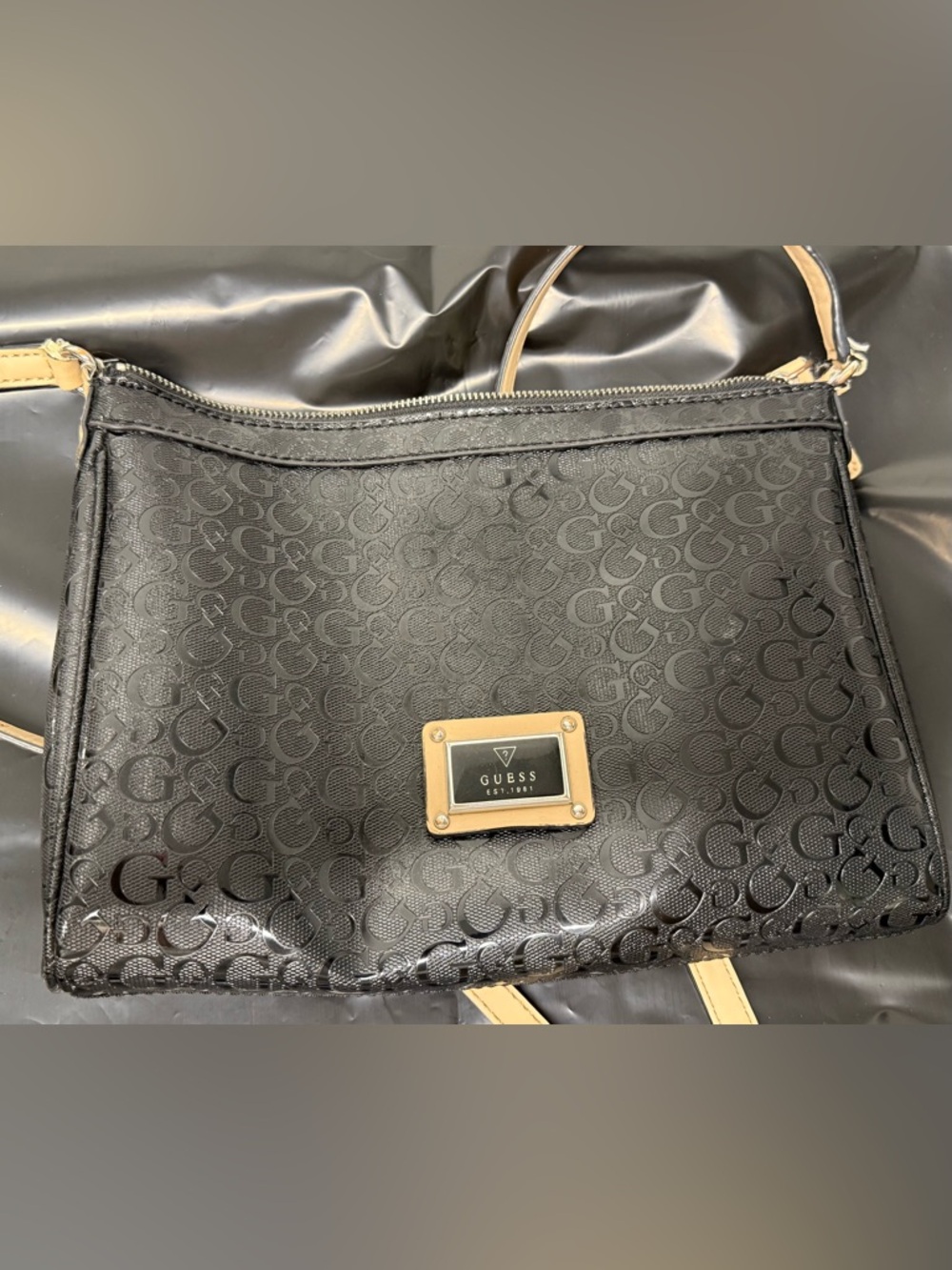 GUESS Black Logo Crossbody Tote with Gold Plaque